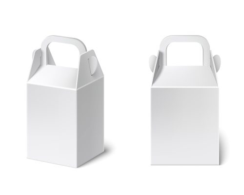 3d paper gift box mockup. White lunch package with handle. Isolated realistic carton small bag for advertising and business presentation. Retail product container or take away meal brand wrap.