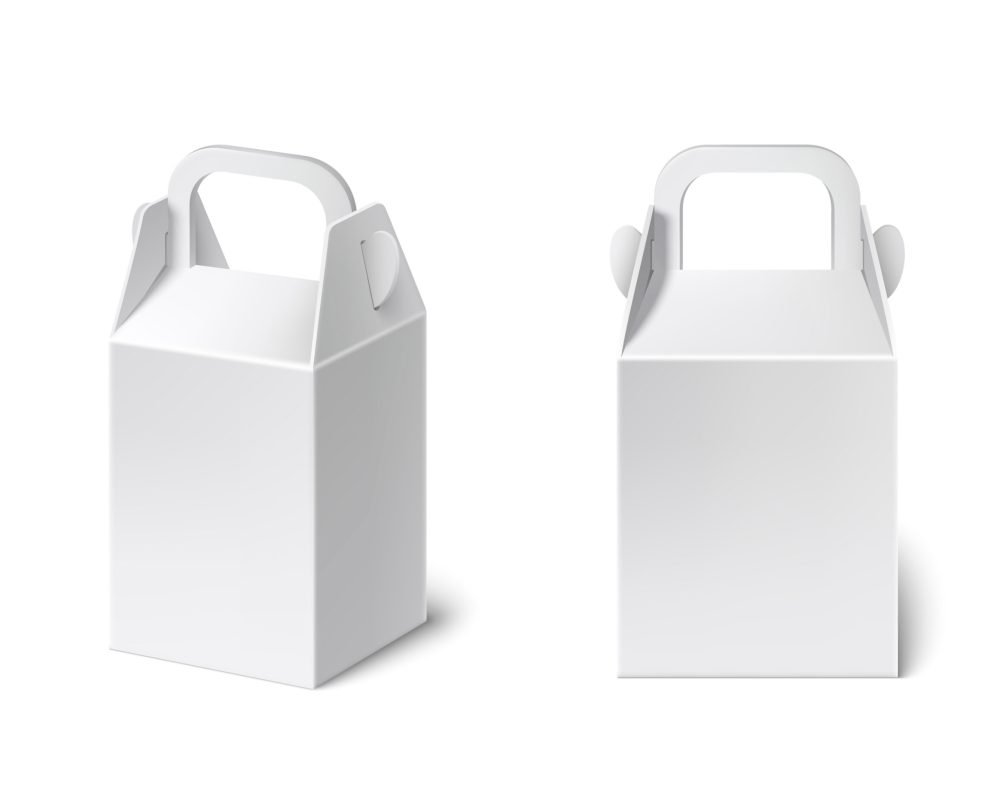 3d paper gift box mockup. White lunch package with handle. Isolated realistic carton small bag for advertising and business presentation. Retail product container or take away meal brand wrap.